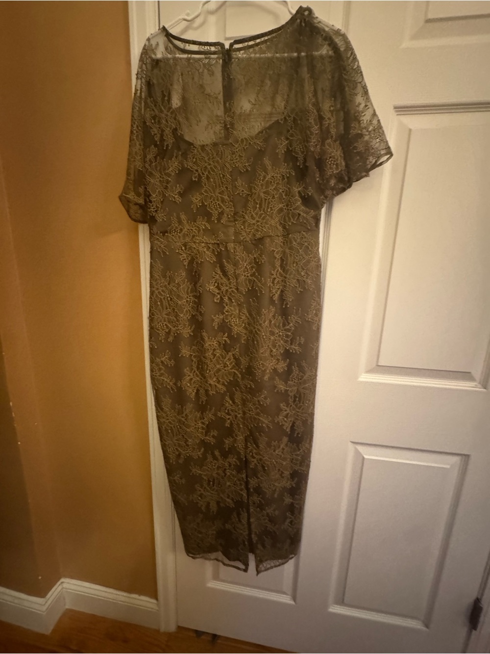 Ann Taylor Olive Green Lace Midi Dress with Sheer Yoke